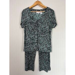 Jaclyn Smith Two Piece Set Short Sleeve Blouse & Wide Leg Pants Green Paisley L